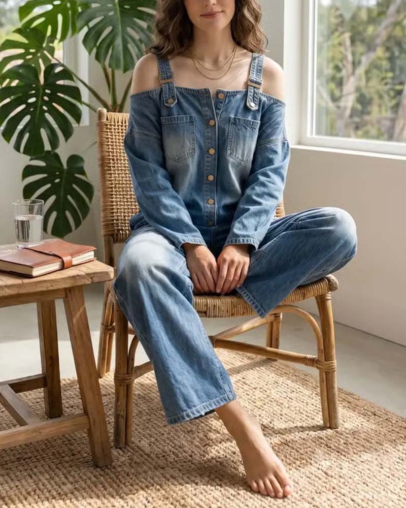 Jumpsuit Spaghettiband Koele Schouder Wijd Been Denim