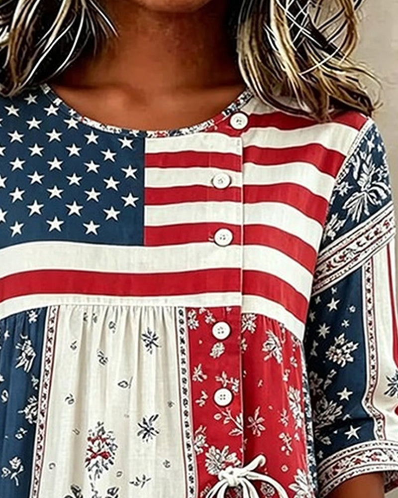 Blouse Vlag Patchwerk Print Rijgsluiting