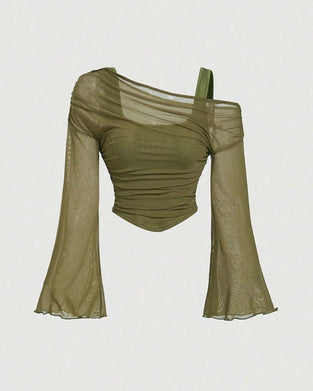 Blouse Gaas Geruwd Lange Mouw Cami