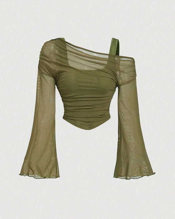 Blouse Gaas Geruwd Lange Mouw Cami