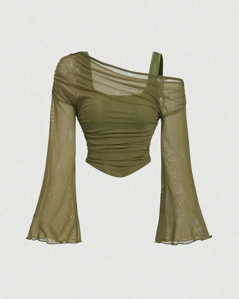 Blouse Gaas Geruwd Lange Mouw Cami
