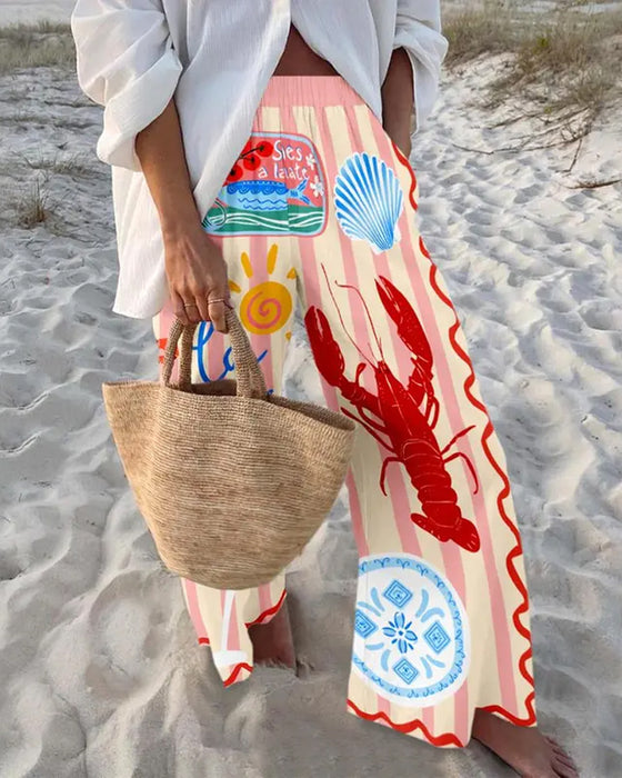 Broek Oceaan Print Wijd Pijp
