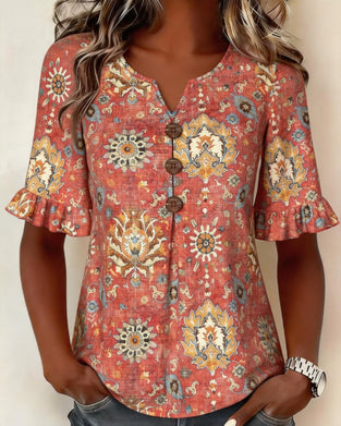 Blouse Etnische Print Flutter Mouw