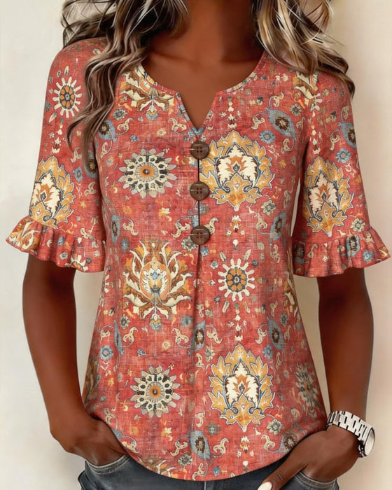 Blouse Etnische Print Flutter Mouw