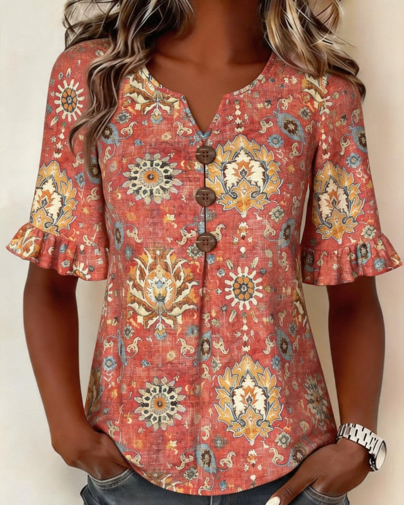 Blouse Etnische Print Flutter Mouw