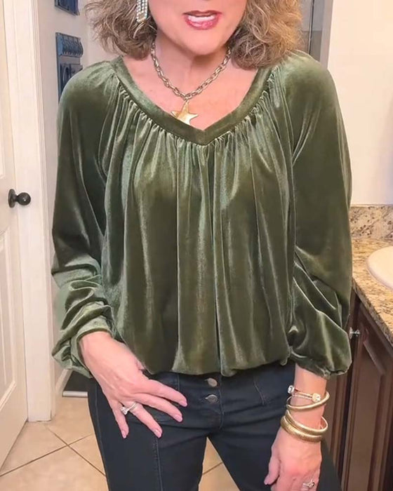 Blouse V-Hals Gerimpeld Uitsnede Lange Mouw
