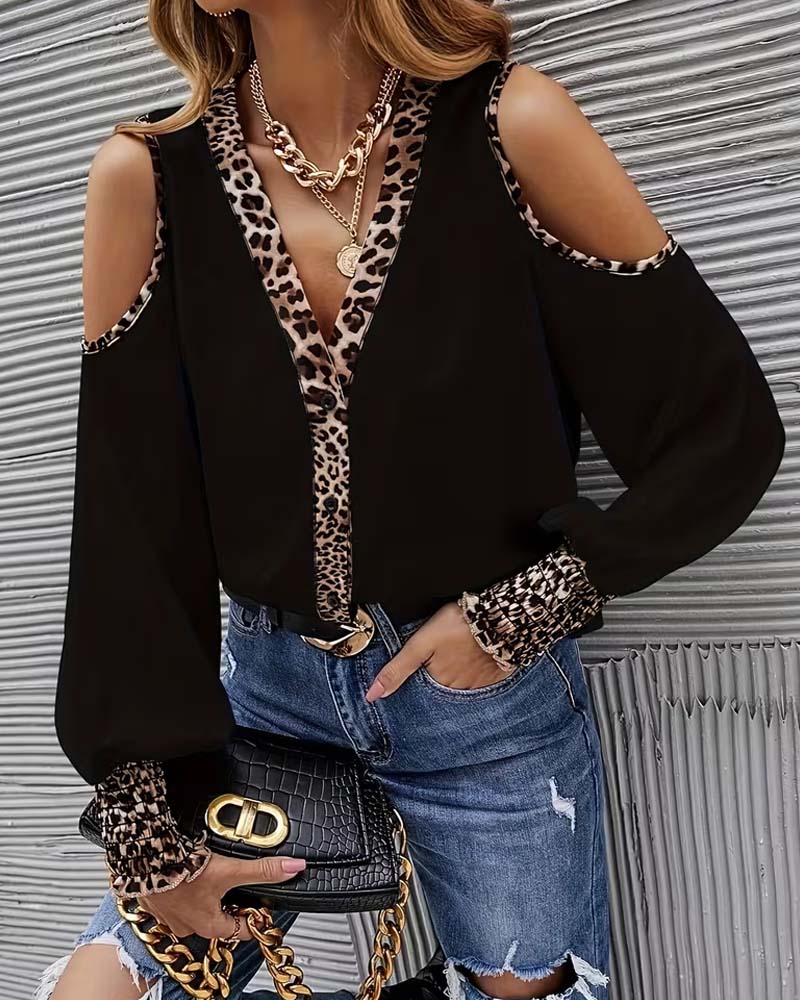 Blouse Off-Schouder Luipaard Patchwork Lange Mouw
