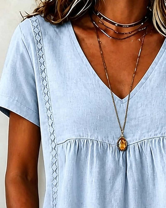 Blouse V-Hals Gerimpeld Korte Mouw