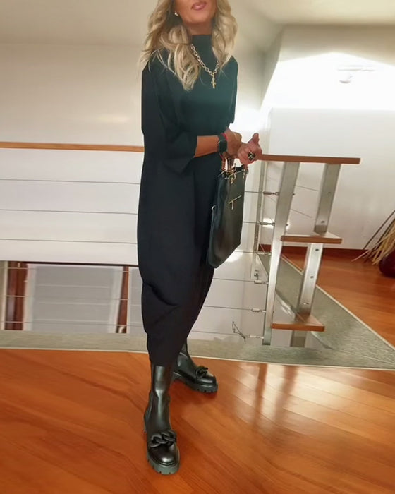 Effen kleur losse hoge kraag casual jurk