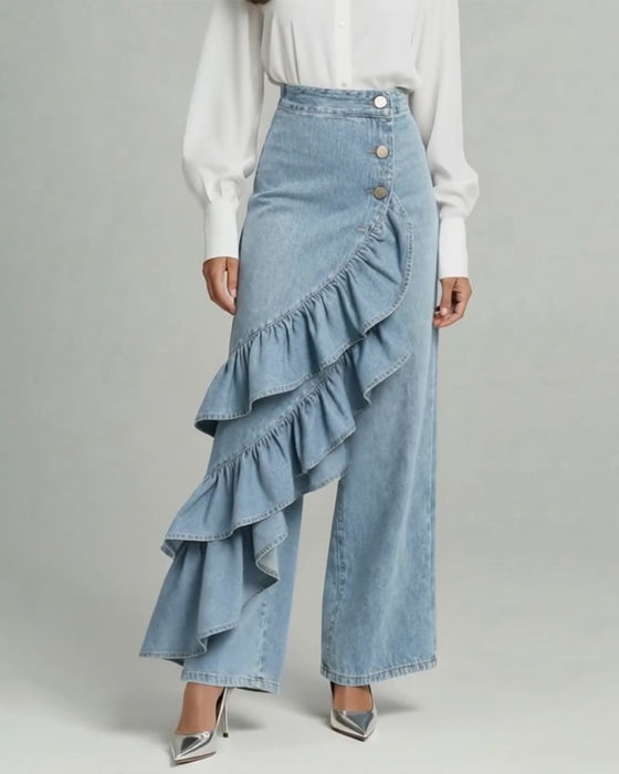 Denim Broek Modieus Ruches Rand