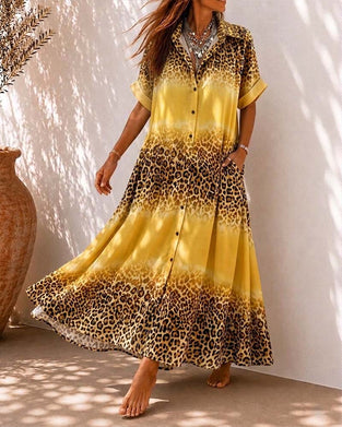 Jurk Kraag Luipaard Print Gradient Overhemd