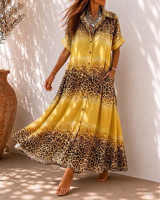 Jurk Kraag Luipaard Print Gradient Overhemd
