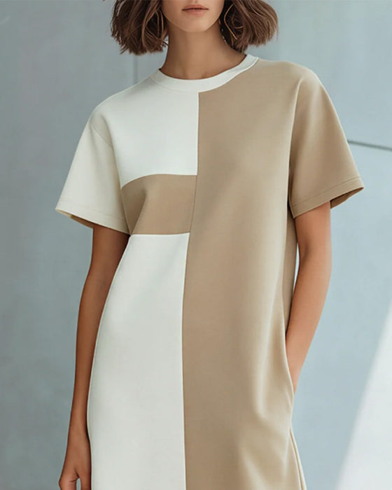 Jurk Color-Block Korte Mouw Split Knie-Lengte