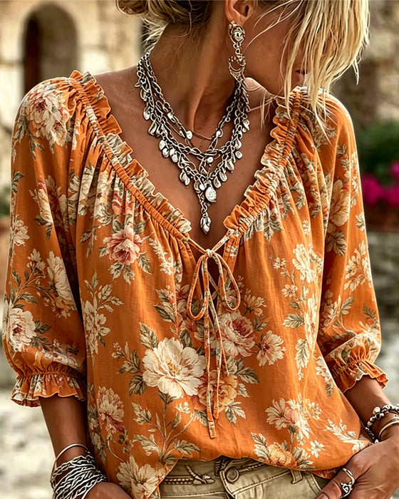 Blouse Bloemig V-Hals Strik Pofmouw