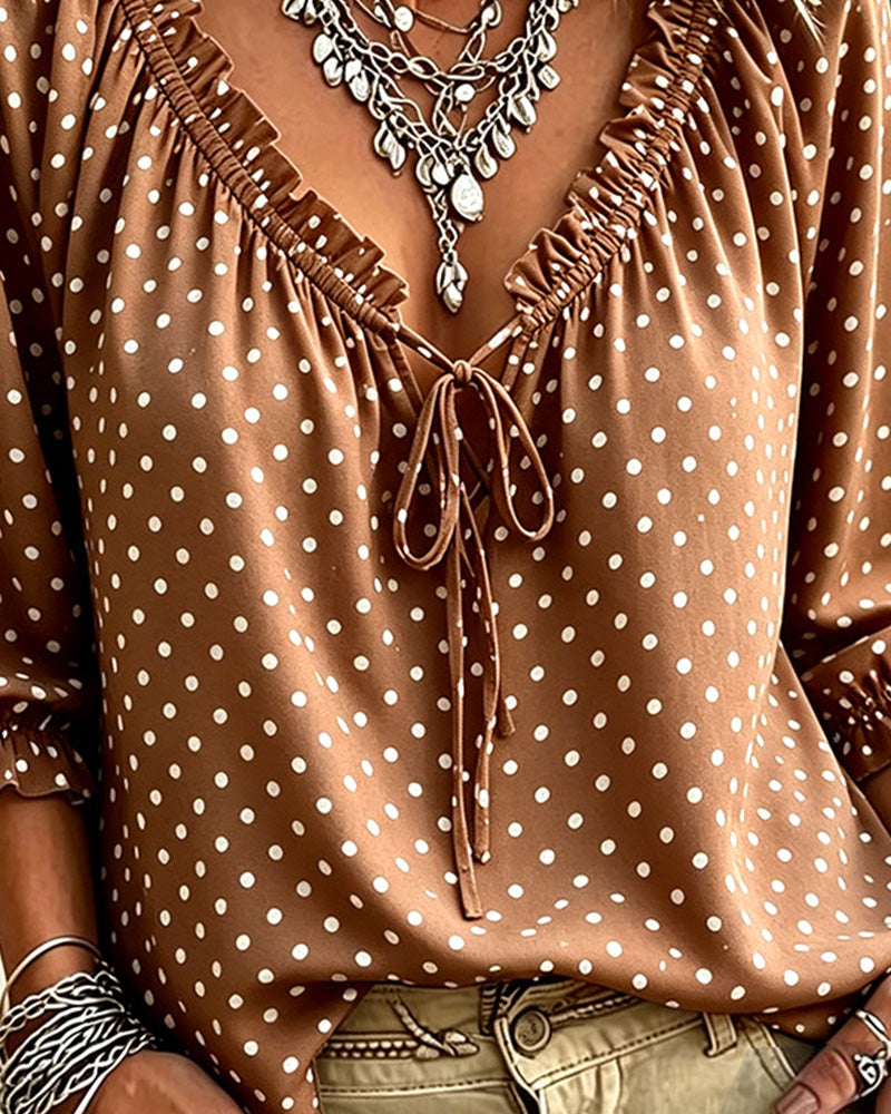 Blouse V-Hals Ruffle Polka Dot Strik