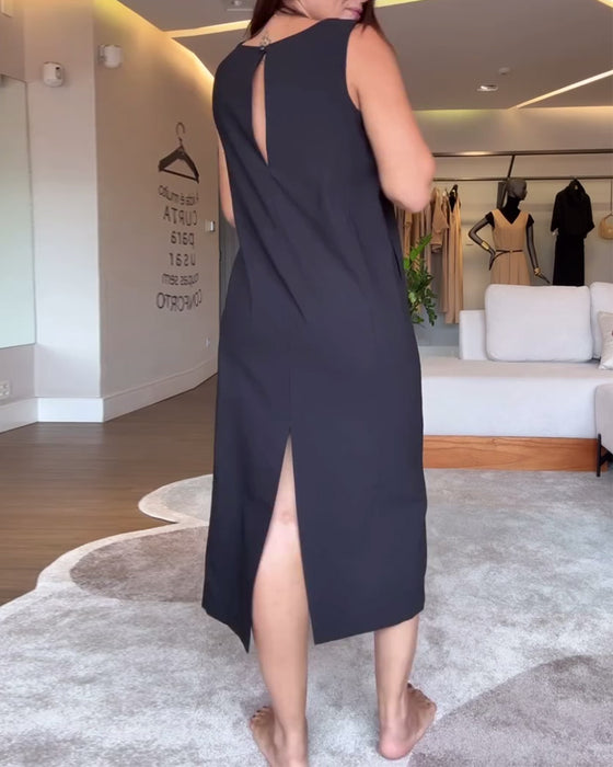 Jurk casual v-hals mouwloos effen kleur split