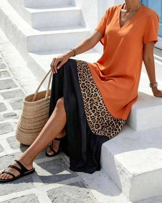 Maxi-Jurk V-Hals Kleurblok Patchwork Luipaard