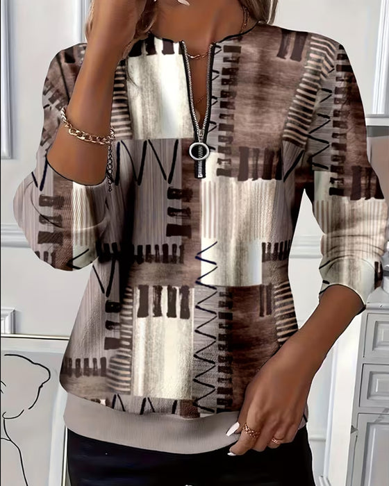 Sweatshirt Rits Ruit Kleurblok Lange Mouw
