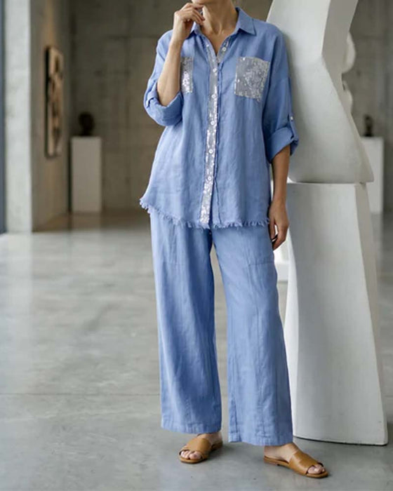 Set V-Hals Shirt Schittering Breed Been Effen