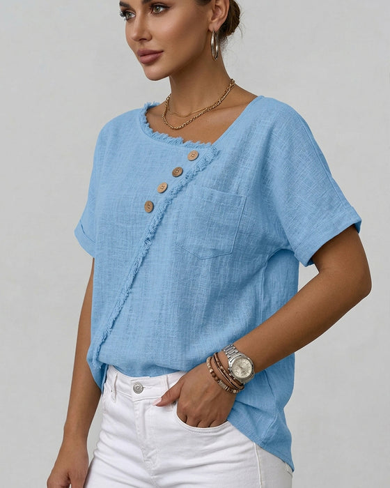 Blouse Ruwe Rand Schuin Gesneden Knoop Korte Mouw