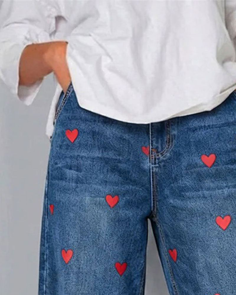 Broek Hart Print Denim Enkel