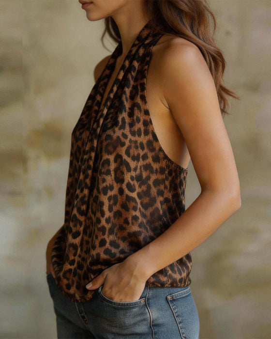 Blouse V-Hals Halter Luipaard Mouwloos