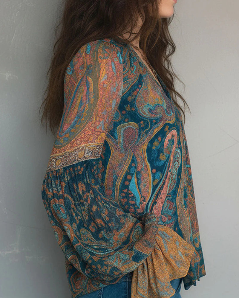 Bohemische V-Hals Blouse Met Uitlopende Mouwen