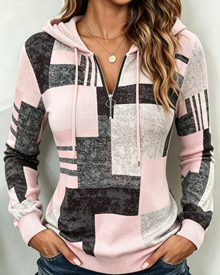 Hoodie Half-Zip Casual Contrast Ruitpatroon