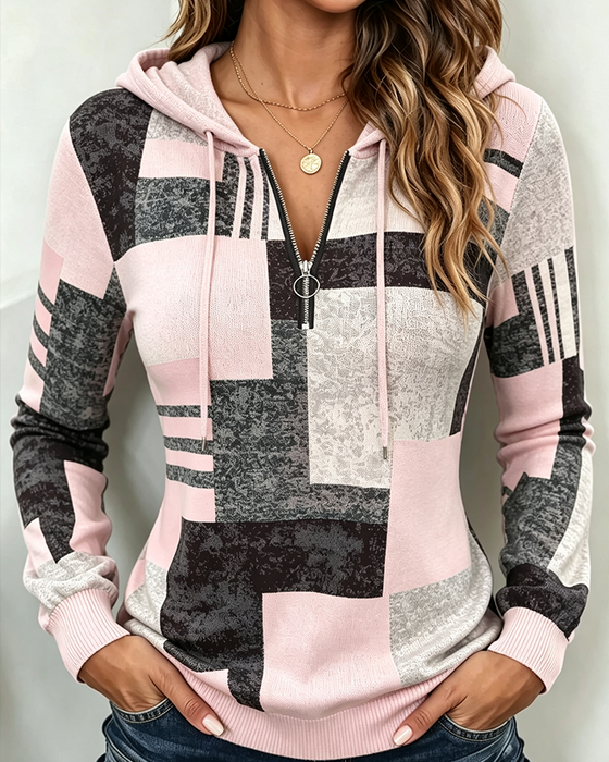 Hoodie Half-Zip Casual Contrast Ruitpatroon