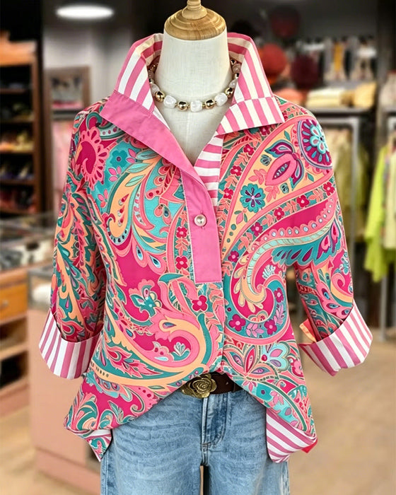 Blouse Patchwork Bloemen Afdruk Casual