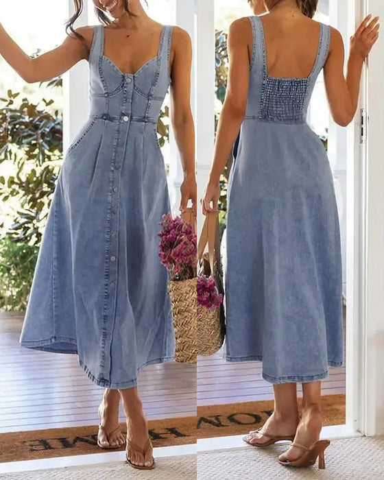 Jurk Spaghettibandje Knoop Taille Gesnoerd Denim