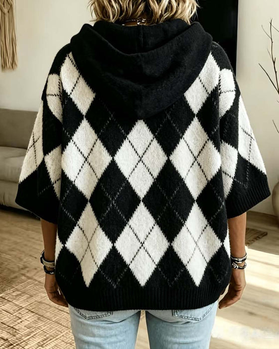 Pullover Plaid Met Capuchon Driekwart Mouw