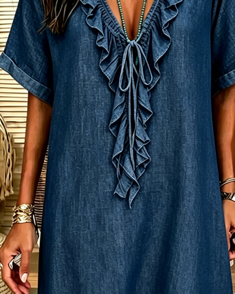 Jurk V-Hals Denim Ruffle