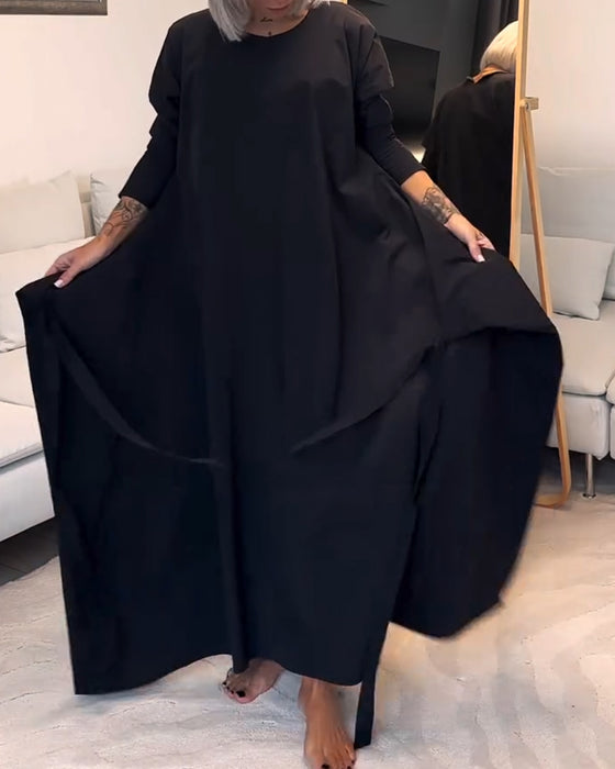 Mode effen kleur geplooide veterjurk met ronde hals