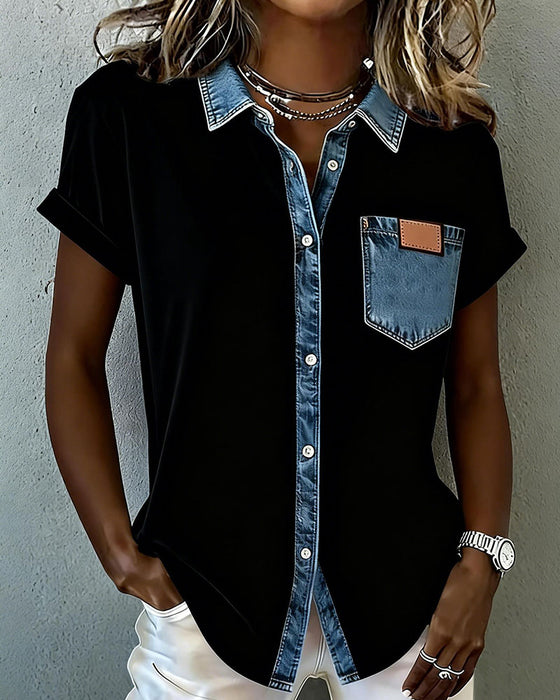 T-Shirt Denim Patchwork Omslagkraag