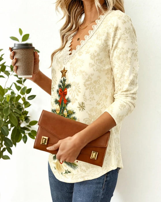 Top Met V-Hals En Kerstboomprint