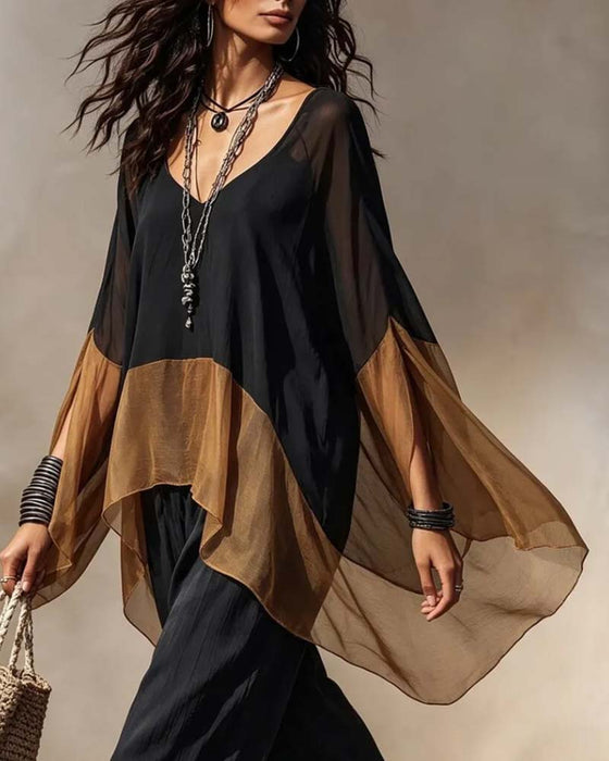 Blouse Contrast Paneel Gedrapeerd V-Hals
