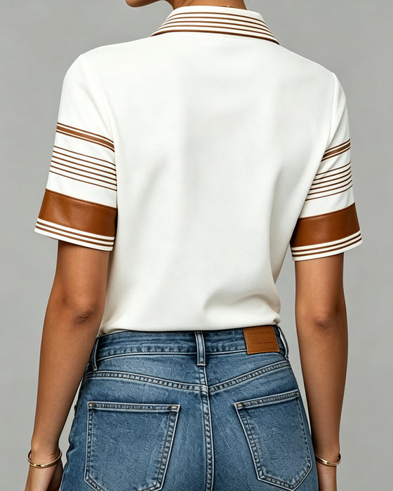 T-Shirt Kraag Knoop Gestreept Korte Mouw