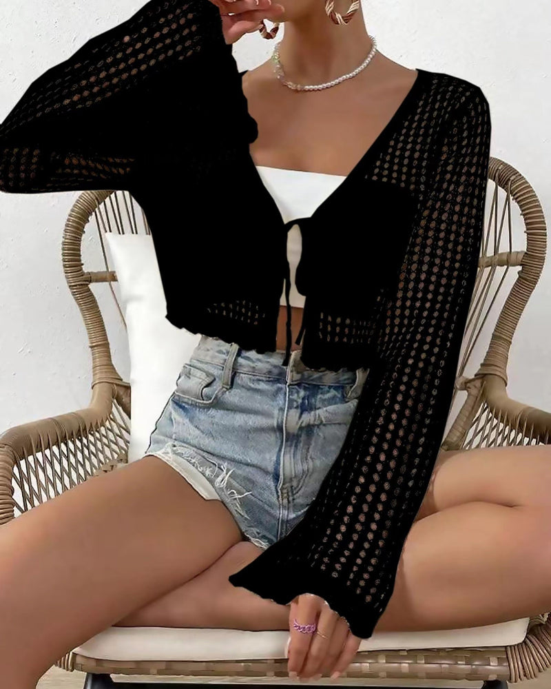 Cardigan Eenvoudig Effen Hol Uit Strand