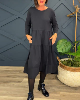 Casual effen jurk met ronde hals en patchwork