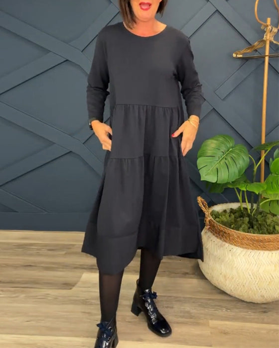 Casual effen jurk met ronde hals en patchwork