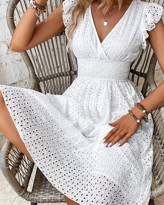 Effen kleur jurk met diepe V-taille