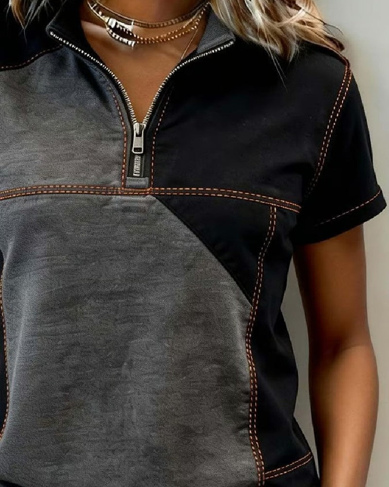 Top Halve Rits Kleurblok Korte Mouwen