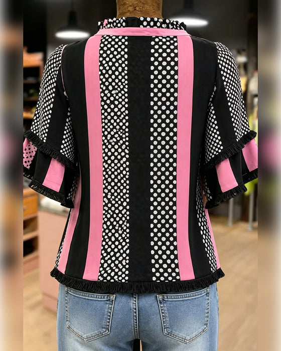 Shirt Stip Contrast Patchwork Ruffle