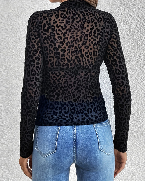 Top Staande Kraag Luipaardprint Mesh