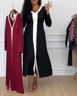 Contrasterende kleur V-hals split elegante jurk