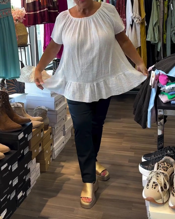 Blouse Ronde Hals Gerimpeld Relaxed Effen