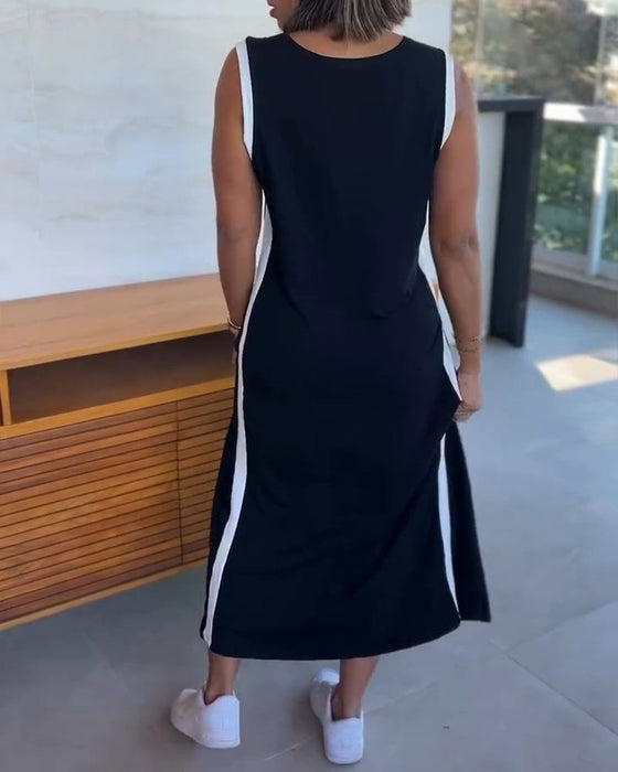 Jurk Color-Block Mouwloos Split Maxi