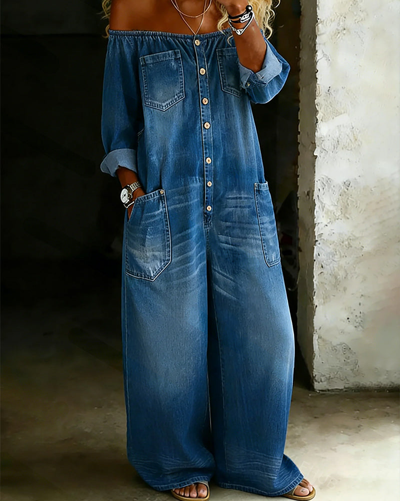 Jumpsuit Off-Shoulder Denim Wijd-Been