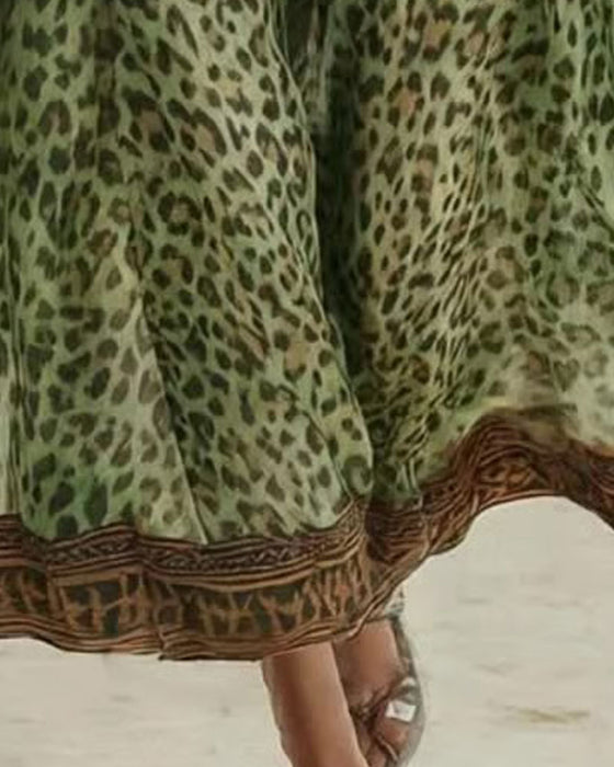 Jurk Luipaardprint Halve Rits Mouwloos Lang